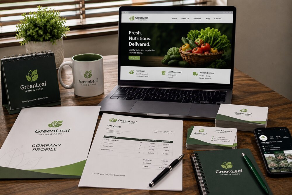 A complete brand identity applied across a website, business cards, invoice, and packaging for a client business