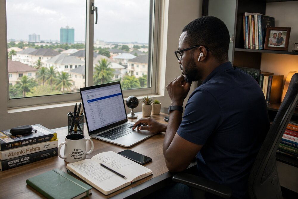 A business owner working remotely on a laptop, with the Lagos skyline visible through the window