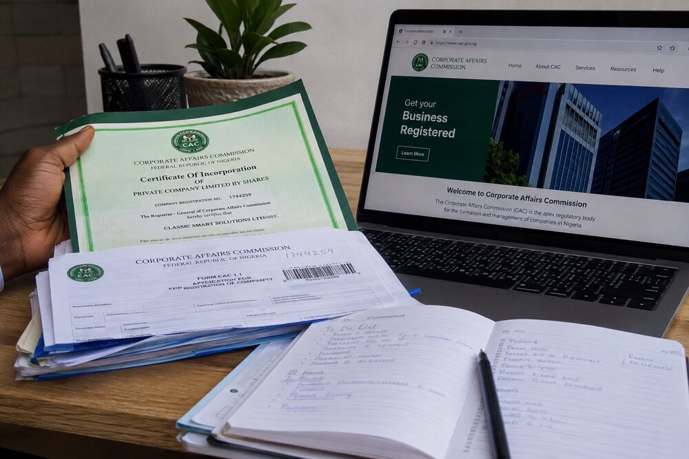 A cash book, calculator, receipts, and a phone open on WhatsApp on a desk