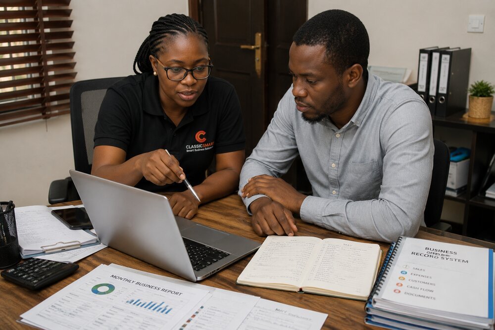 A Classicsmart team member reviewing a client's business records and monthly report together